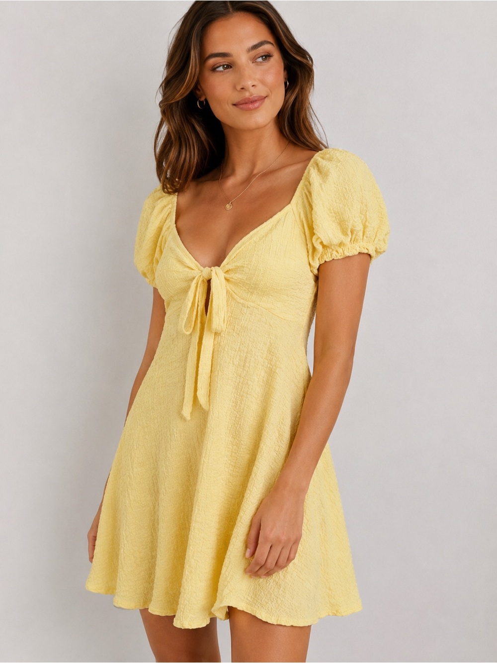 Sunny Yellow Puff Sleeve Tie-Front Dress